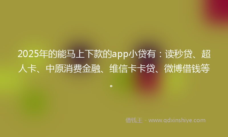 2025年的能马上下款的app小贷有：读秒贷、超人卡、中原消费金融、维信卡卡贷、微博借钱等。