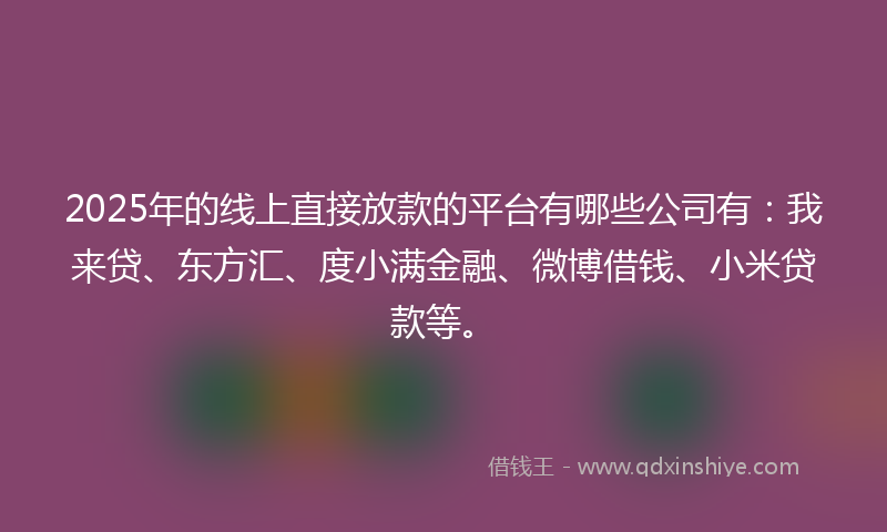 2025年的线上直接放款的平台有哪些公司有：我来贷、东方汇、度小满金融、微博借钱、小米贷款等。