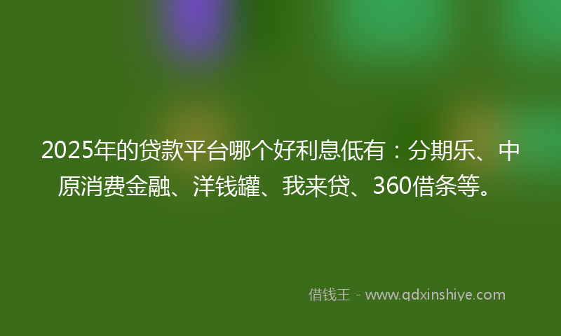 2025年的贷款平台哪个好利息低有：分期乐、中原消费金融、洋钱罐、我来贷、360借条等。
