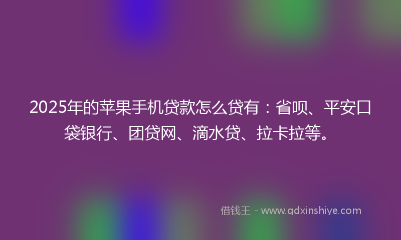 2025年的苹果手机贷款怎么贷有：省呗、平安口袋银行、团贷网、滴水贷、拉卡拉等。