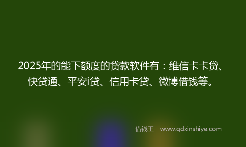 2025年的能下额度的贷款软件有：维信卡卡贷、快贷通、平安i贷、信用卡贷、微博借钱等。