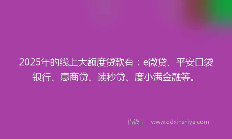 2025年的线上大额度贷款有：e微贷、平安口袋银行、惠商贷、读秒贷、度小满金融等。