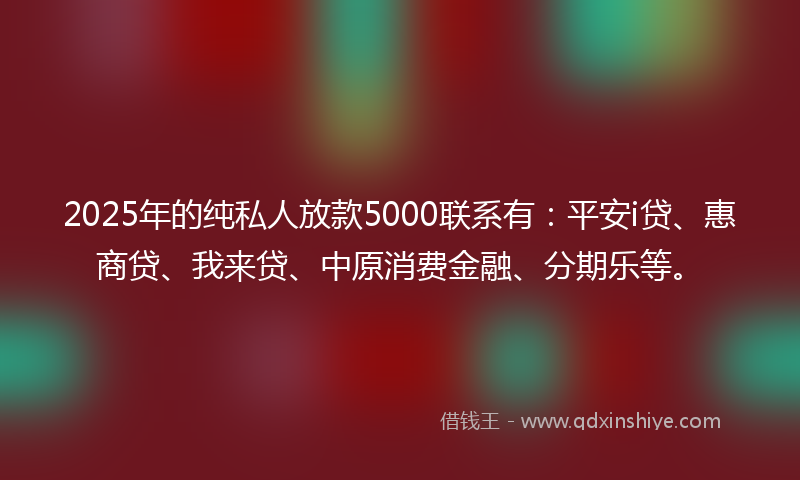 2025年的纯私人放款5000联系有：平安i贷、惠商贷、我来贷、中原消费金融、分期乐等。