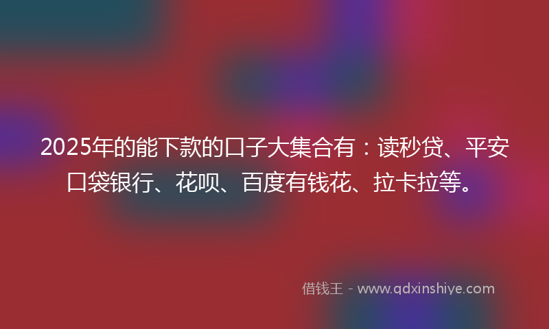 2025年的能下款的口子大集合有：读秒贷、平安口袋银行、花呗、百度有钱花、拉卡拉等。