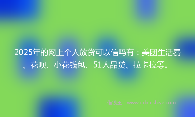 2025年的网上个人放贷可以信吗有：美团生活费、花呗、小花钱包、51人品贷、拉卡拉等。