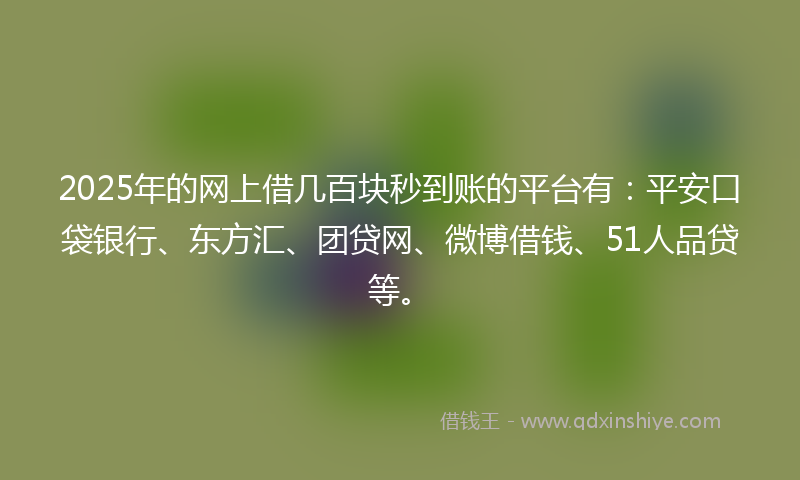 2025年的网上借几百块秒到账的平台有：平安口袋银行、东方汇、团贷网、微博借钱、51人品贷等。