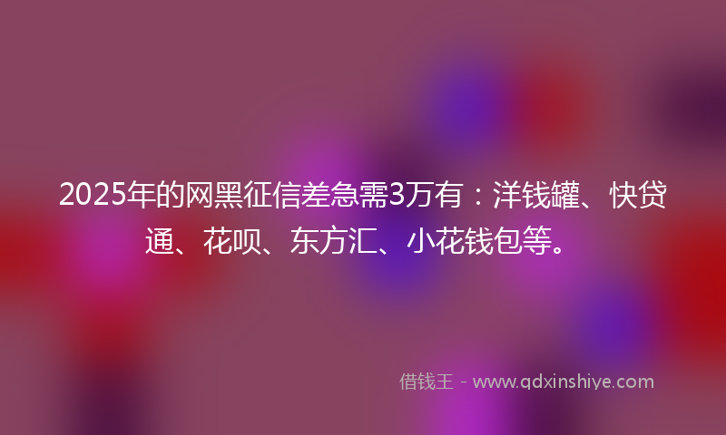 2025年的网黑征信差急需3万有：洋钱罐、快贷通、花呗、东方汇、小花钱包等。