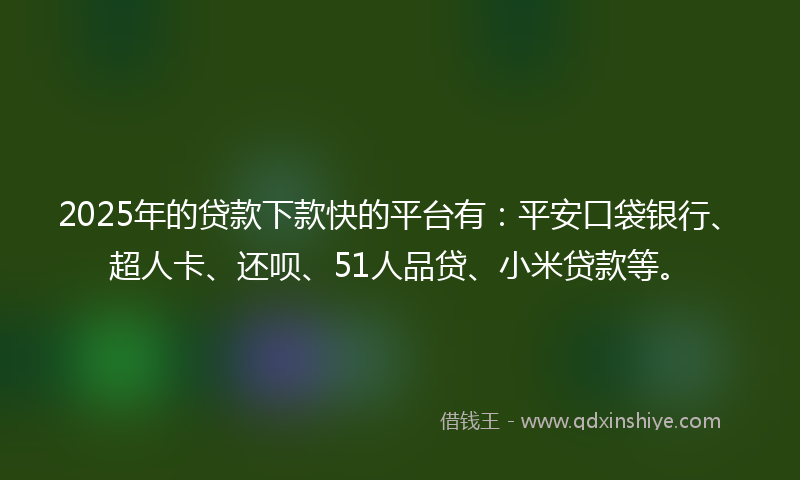 2025年的贷款下款快的平台有：平安口袋银行、超人卡、还呗、51人品贷、小米贷款等。