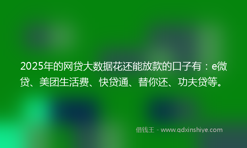 2025年的网贷大数据花还能放款的口子有：e微贷、美团生活费、快贷通、替你还、功夫贷等。