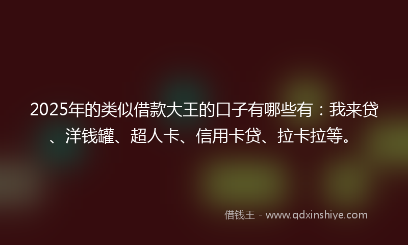 2025年的类似借款大王的口子有哪些有：我来贷、洋钱罐、超人卡、信用卡贷、拉卡拉等。