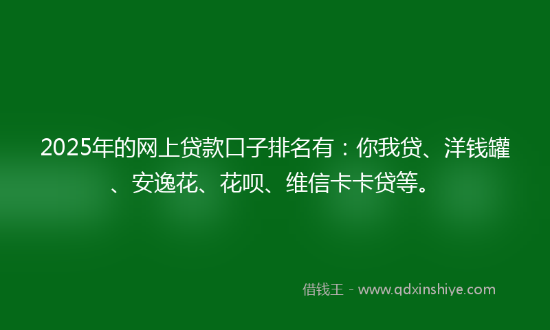2025年的网上贷款口子排名有：你我贷、洋钱罐、安逸花、花呗、维信卡卡贷等。