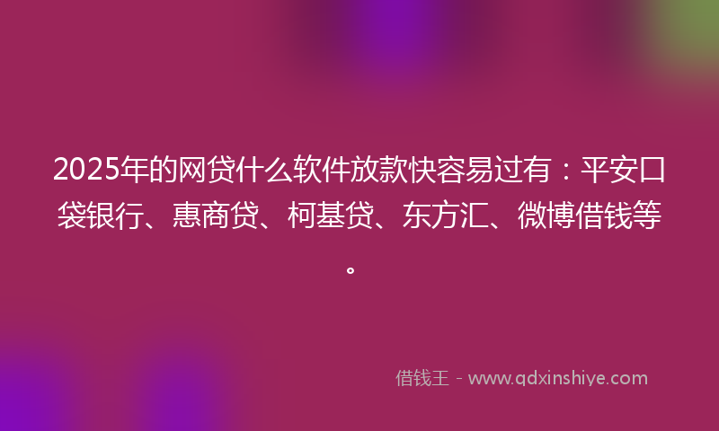 2025年的网贷什么软件放款快容易过有：平安口袋银行、惠商贷、柯基贷、东方汇、微博借钱等。
