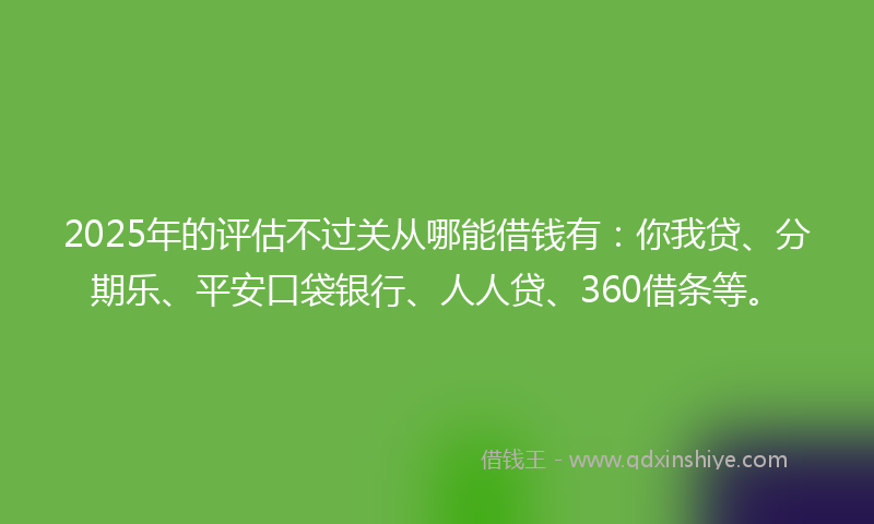 2025年的评估不过关从哪能借钱有：你我贷、分期乐、平安口袋银行、人人贷、360借条等。
