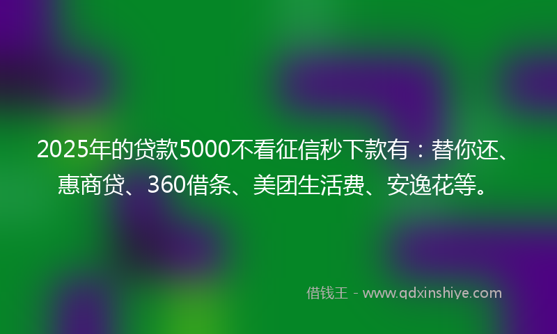 2025年的贷款5000不看征信秒下款有：替你还、惠商贷、360借条、美团生活费、安逸花等。