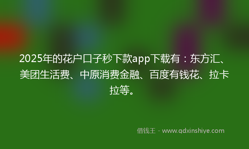 2025年的花户口子秒下款app下载有：东方汇、美团生活费、中原消费金融、百度有钱花、拉卡拉等。