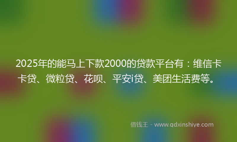 2025年的能马上下款2000的贷款平台有：维信卡卡贷、微粒贷、花呗、平安i贷、美团生活费等。
