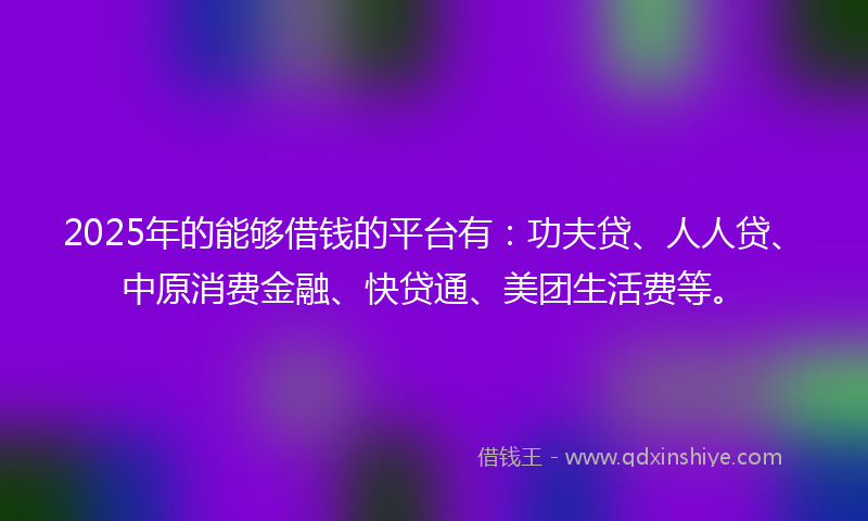 2025年的能够借钱的平台有：功夫贷、人人贷、中原消费金融、快贷通、美团生活费等。