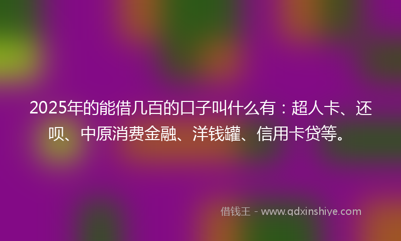 2025年的能借几百的口子叫什么有：超人卡、还呗、中原消费金融、洋钱罐、信用卡贷等。
