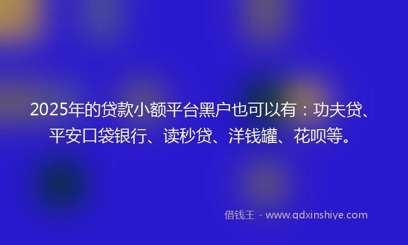 2025年的贷款小额平台黑户也可以有：功夫贷、平安口袋银行、读秒贷、洋钱罐、花呗等。