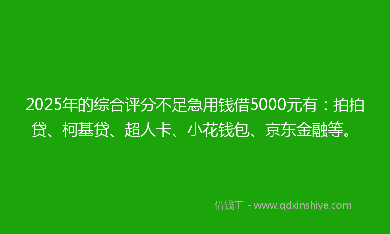 2025年的综合评分不足急用钱借5000元有：拍拍贷、柯基贷、超人卡、小花钱包、京东金融等。