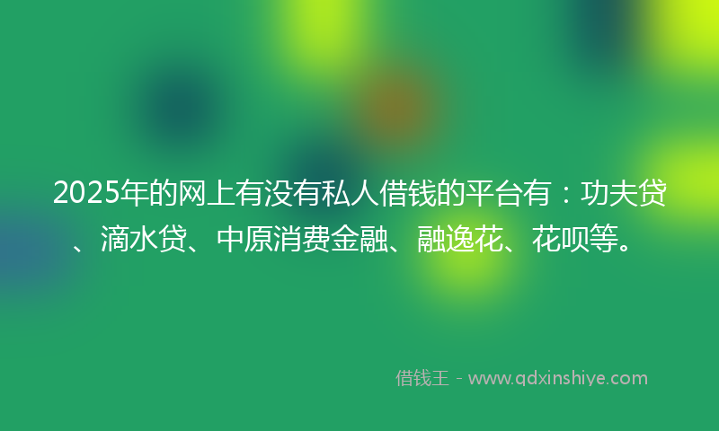 2025年的网上有没有私人借钱的平台有：功夫贷、滴水贷、中原消费金融、融逸花、花呗等。