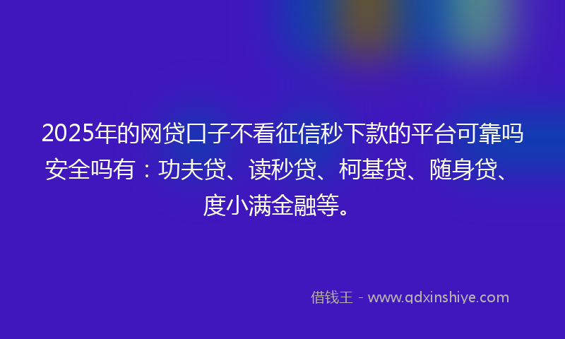 2025年的网贷口子不看征信秒下款的平台可靠吗安全吗有：功夫贷、读秒贷、柯基贷、随身贷、度小满金融等。