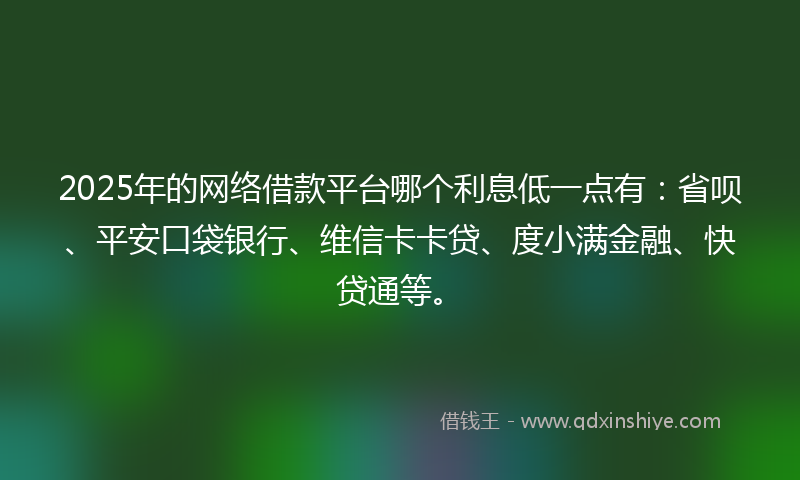 2025年的网络借款平台哪个利息低一点有：省呗、平安口袋银行、维信卡卡贷、度小满金融、快贷通等。