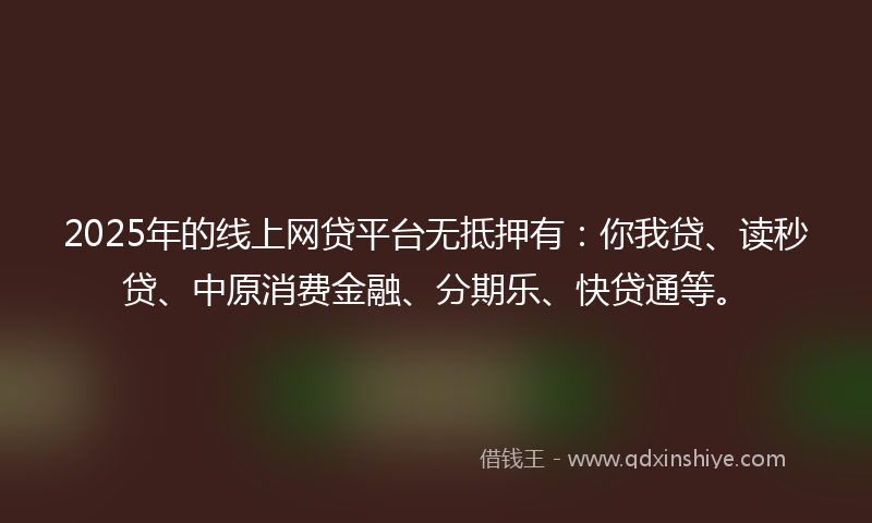 2025年的线上网贷平台无抵押有：你我贷、读秒贷、中原消费金融、分期乐、快贷通等。