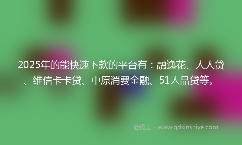 2025年的能快速下款的平台有：融逸花、人人贷、维信卡卡贷、中原消费金融、51人品贷等。