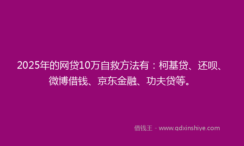 2025年的网贷10万自救方法有：柯基贷、还呗、微博借钱、京东金融、功夫贷等。