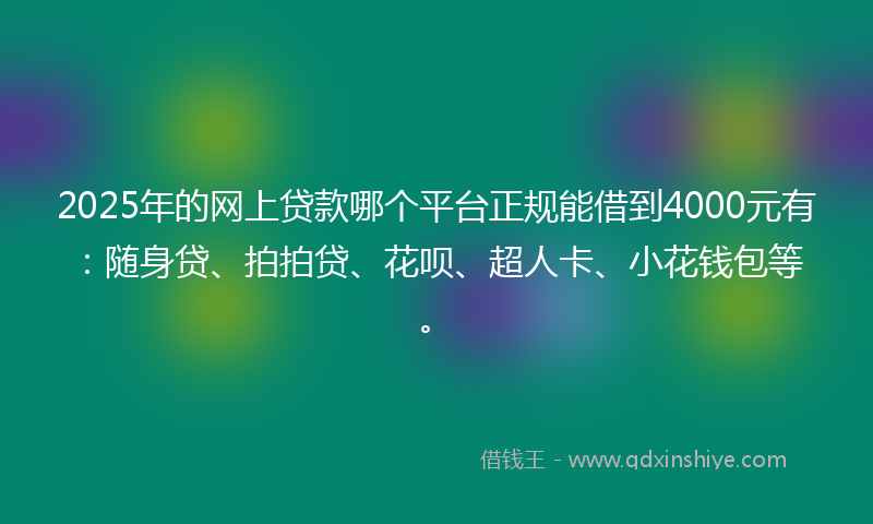 2025年的网上贷款哪个平台正规能借到4000元有：随身贷、拍拍贷、花呗、超人卡、小花钱包等。