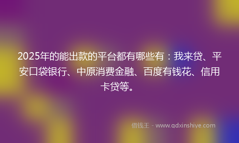 2025年的能出款的平台都有哪些有：我来贷、平安口袋银行、中原消费金融、百度有钱花、信用卡贷等。