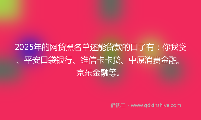 2025年的网贷黑名单还能贷款的口子有：你我贷、平安口袋银行、维信卡卡贷、中原消费金融、京东金融等。