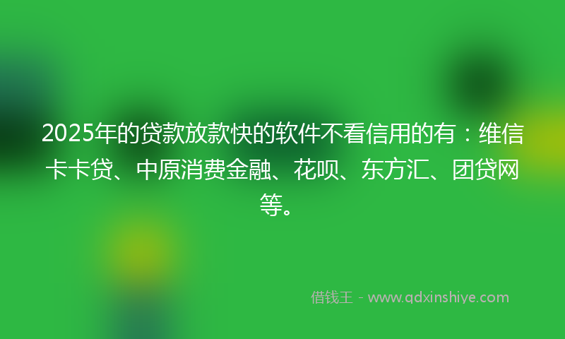 2025年的贷款放款快的软件不看信用的有：维信卡卡贷、中原消费金融、花呗、东方汇、团贷网等。