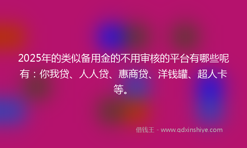 2025年的类似备用金的不用审核的平台有哪些呢有：你我贷、人人贷、惠商贷、洋钱罐、超人卡等。