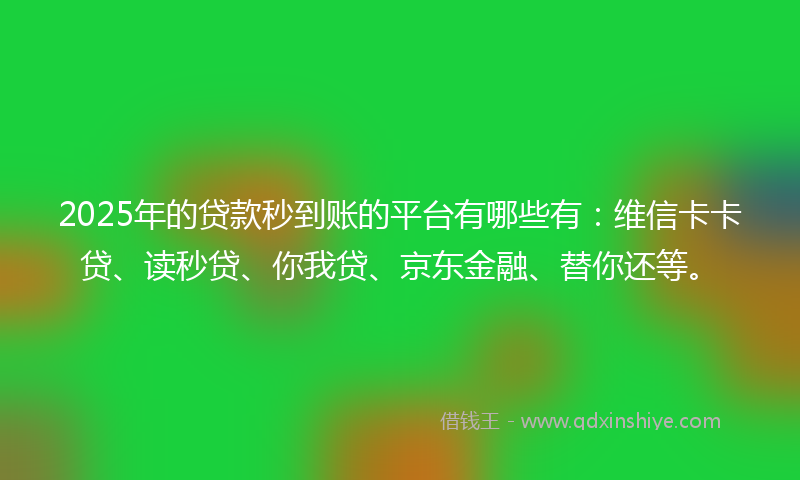 2025年的贷款秒到账的平台有哪些有：维信卡卡贷、读秒贷、你我贷、京东金融、替你还等。