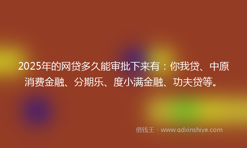 2025年的网贷多久能审批下来有：你我贷、中原消费金融、分期乐、度小满金融、功夫贷等。