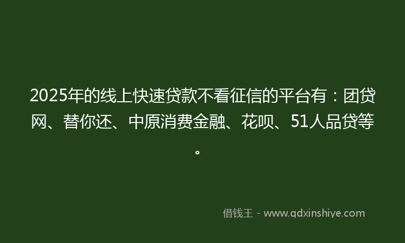 2025年的线上快速贷款不看征信的平台有：团贷网、替你还、中原消费金融、花呗、51人品贷等。