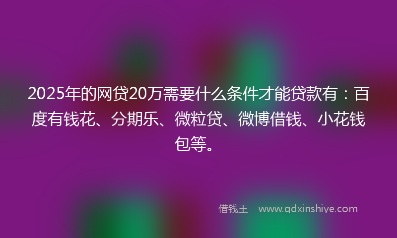 2025年的网贷20万需要什么条件才能贷款有：百度有钱花、分期乐、微粒贷、微博借钱、小花钱包等。