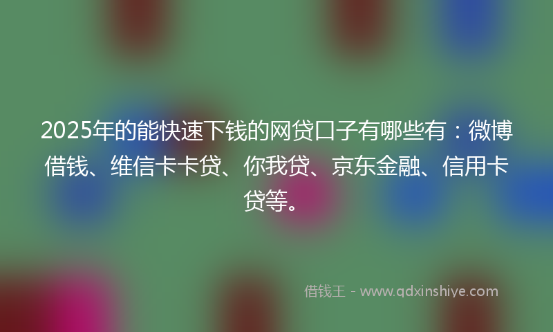 2025年的能快速下钱的网贷口子有哪些有：微博借钱、维信卡卡贷、你我贷、京东金融、信用卡贷等。