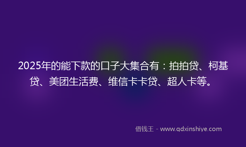 2025年的能下款的口子大集合有：拍拍贷、柯基贷、美团生活费、维信卡卡贷、超人卡等。