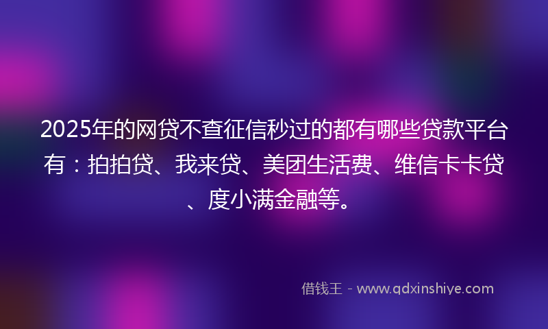 2025年的网贷不查征信秒过的都有哪些贷款平台有：拍拍贷、我来贷、美团生活费、维信卡卡贷、度小满金融等。
