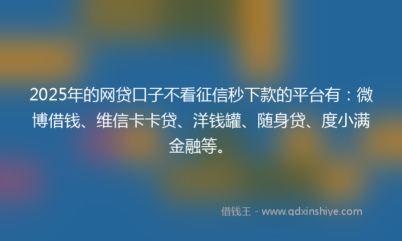 2025年的网贷口子不看征信秒下款的平台有：微博借钱、维信卡卡贷、洋钱罐、随身贷、度小满金融等。