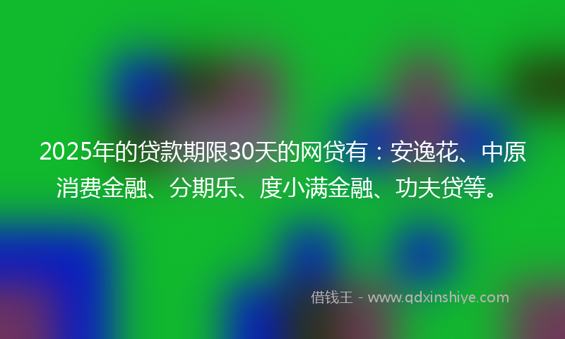 2025年的贷款期限30天的网贷有：安逸花、中原消费金融、分期乐、度小满金融、功夫贷等。