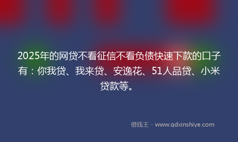 2025年的网贷不看征信不看负债快速下款的口子有：你我贷、我来贷、安逸花、51人品贷、小米贷款等。
