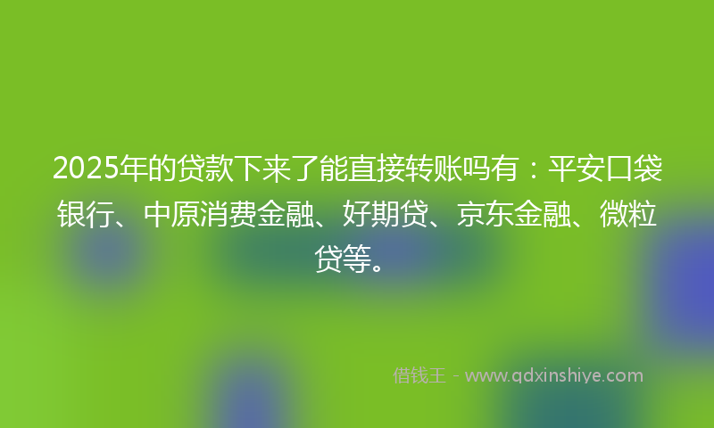 2025年的贷款下来了能直接转账吗有：平安口袋银行、中原消费金融、好期贷、京东金融、微粒贷等。