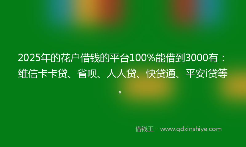 2025年的花户借钱的平台100%能借到3000有：维信卡卡贷、省呗、人人贷、快贷通、平安i贷等。