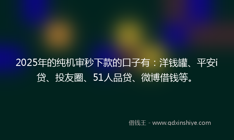 2025年的纯机审秒下款的口子有：洋钱罐、平安i贷、投友圈、51人品贷、微博借钱等。