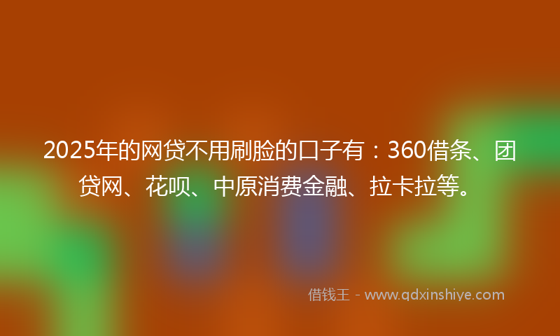 2025年的网贷不用刷脸的口子有：360借条、团贷网、花呗、中原消费金融、拉卡拉等。