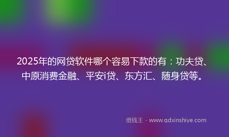 2025年的网贷软件哪个容易下款的有：功夫贷、中原消费金融、平安i贷、东方汇、随身贷等。